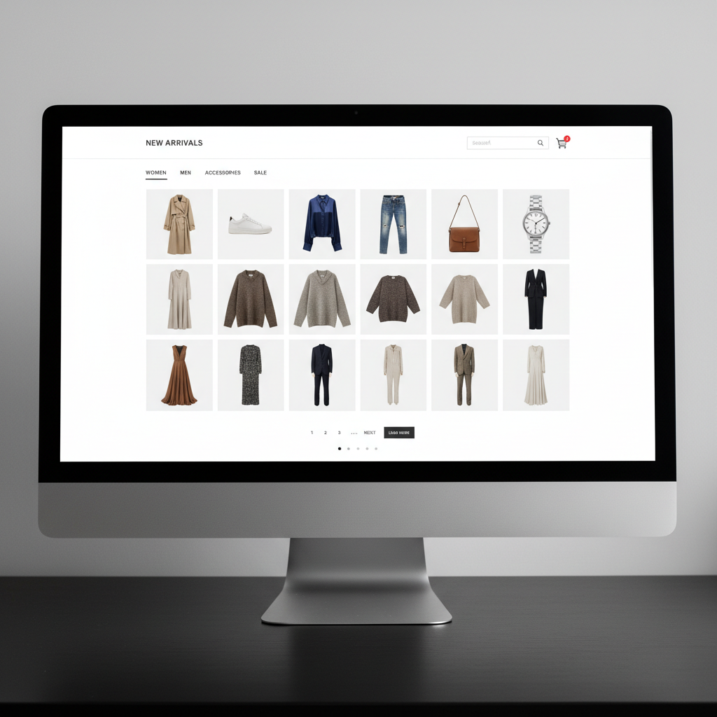 E-commerce fashion website showing product catalog and shopping interface