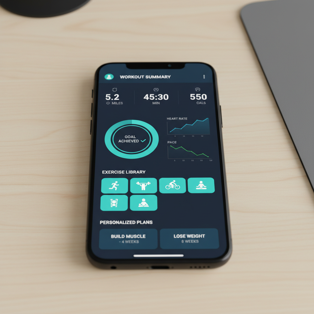 Fitness tracking mobile app interface showing workout statistics and progress charts
